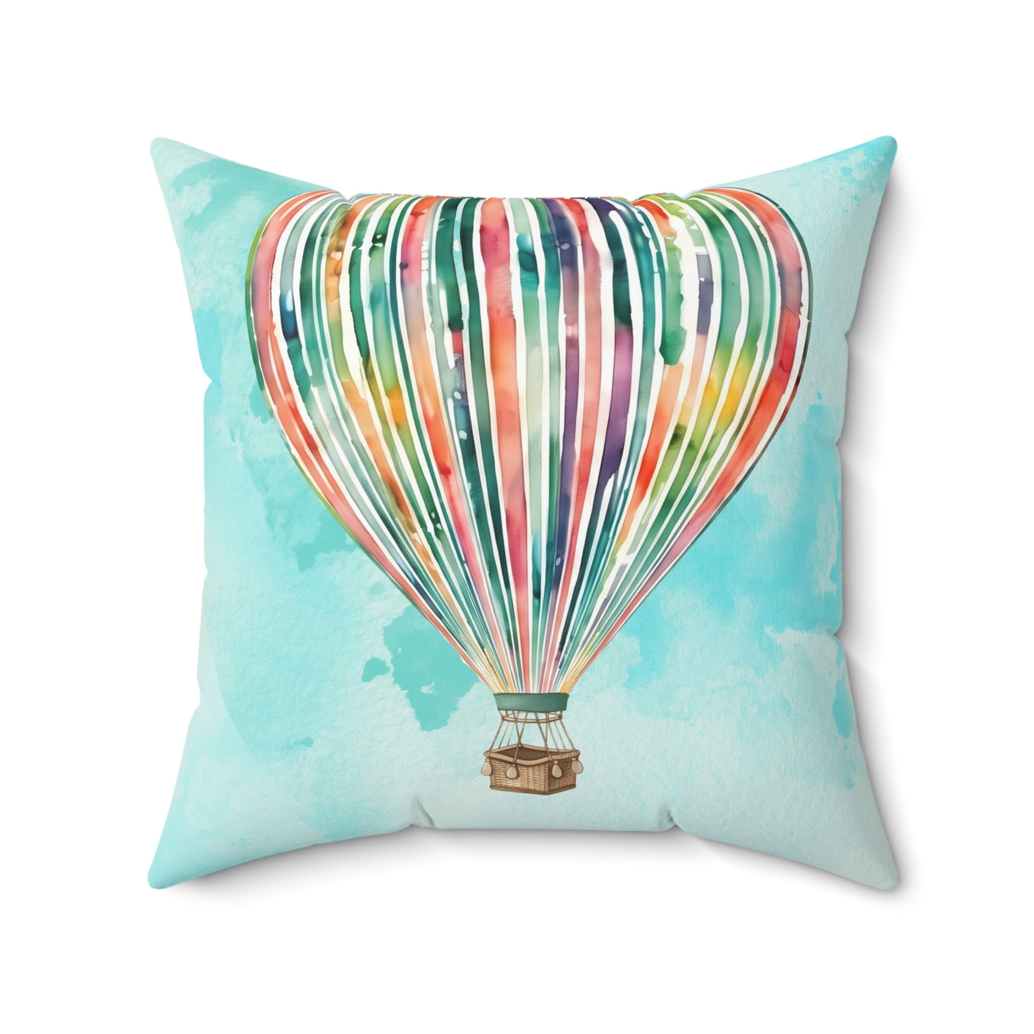 Watercolor Rainbow Centered Hot Air Balloon Accent Pillow